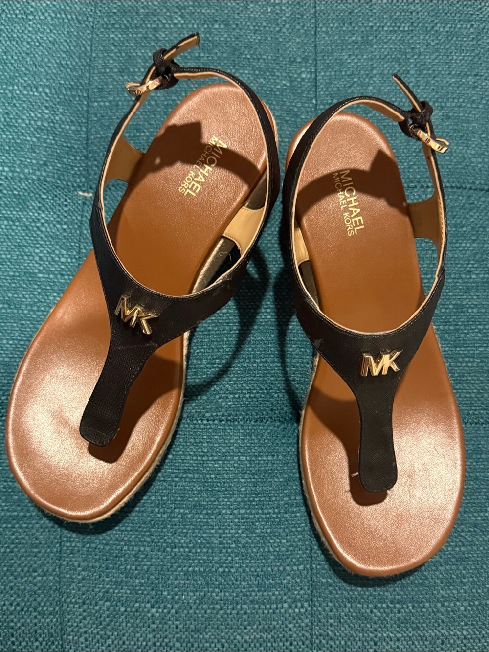Michael Kors Black and Brown Leather T-Strap Sandals with Gold MK Accent